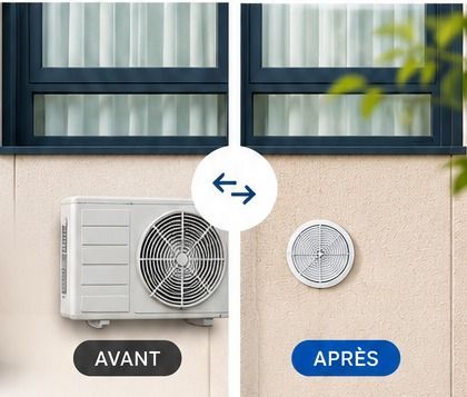 Avant : un groupe extérieur en façade. Après : deux grilles discrètes.