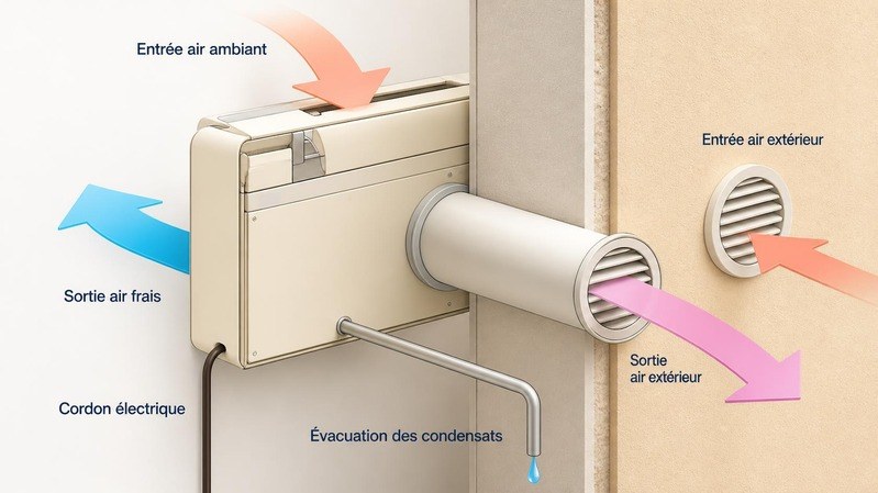 Vue en coupe : l’air extérieur entre et ressort par les deux conduits traversant le mur