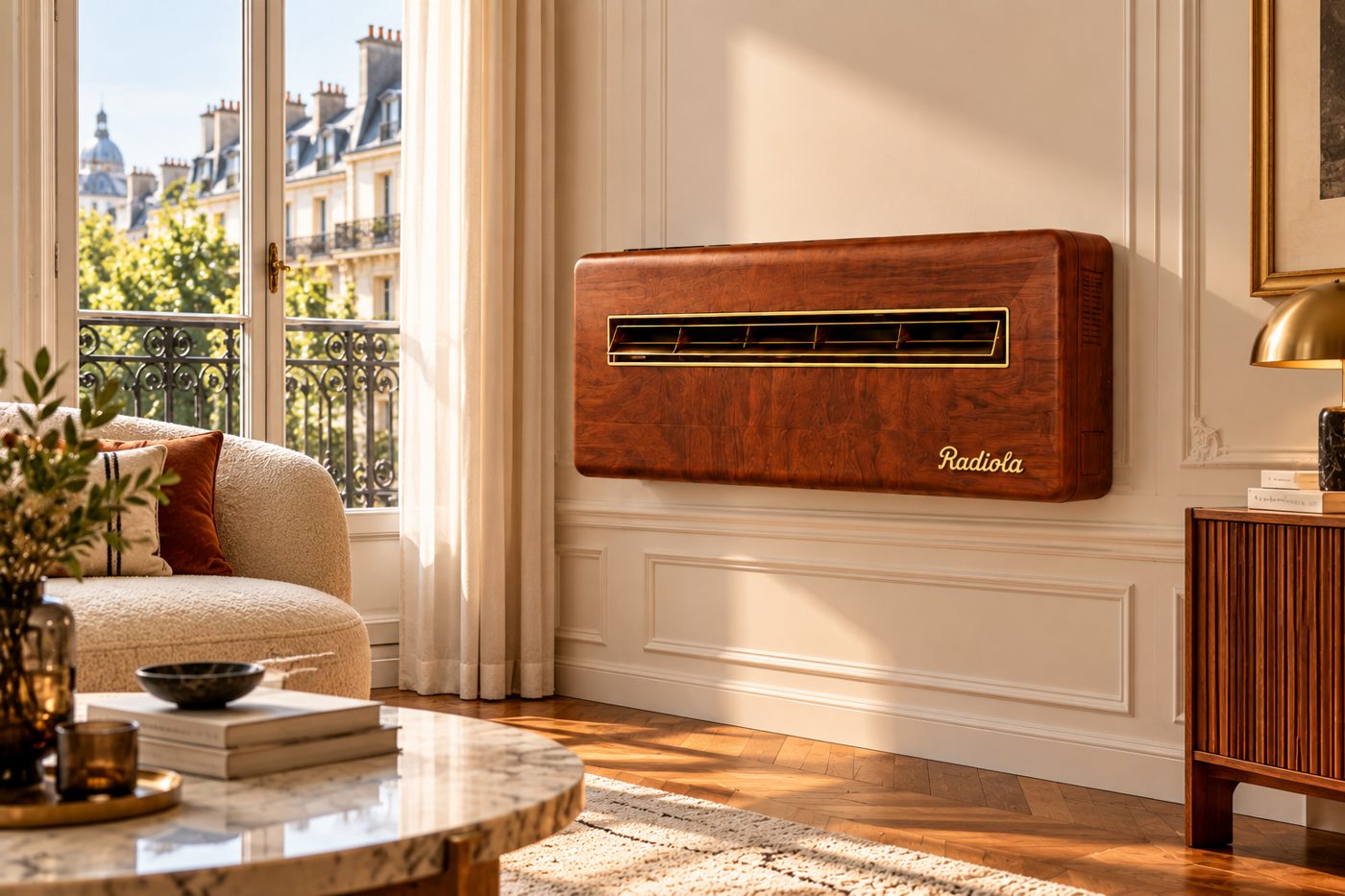 Silenceo Baccara, grille laiton, dans un salon parisien