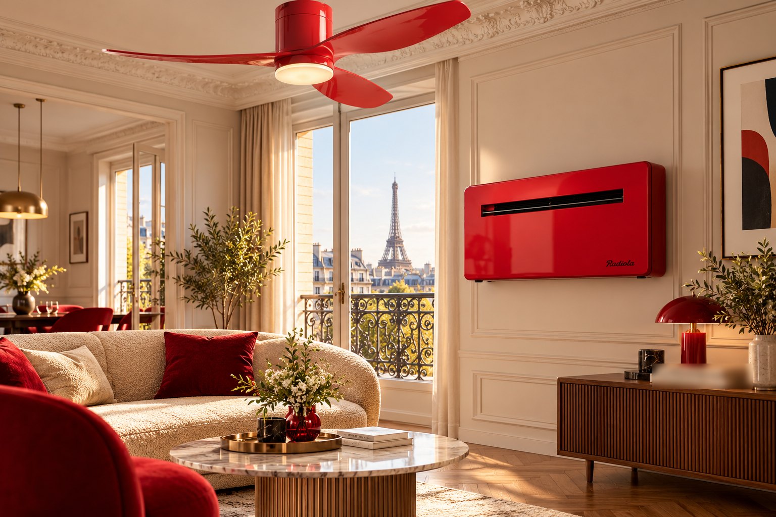 Silenceo Symbiose rouge : climatiseur mural et brasseur de plafond assortis, dans un salon parisien