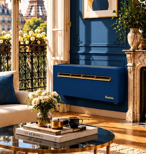 Silenceo bleu nuit dans un salon parisien face à la tour Eiffel