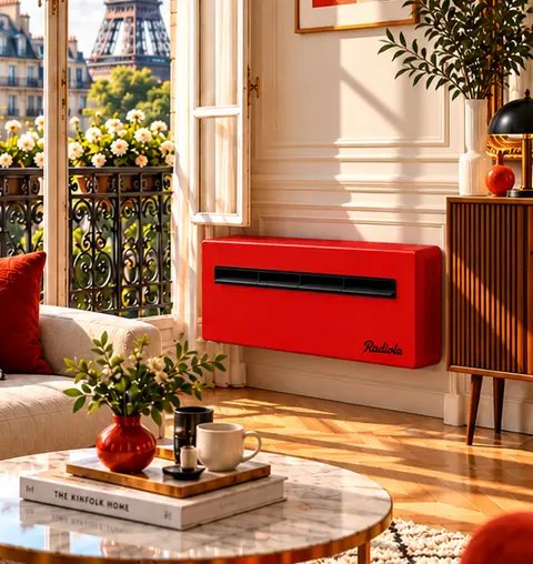 Silenceo rouge dans un salon parisien face à la tour Eiffel